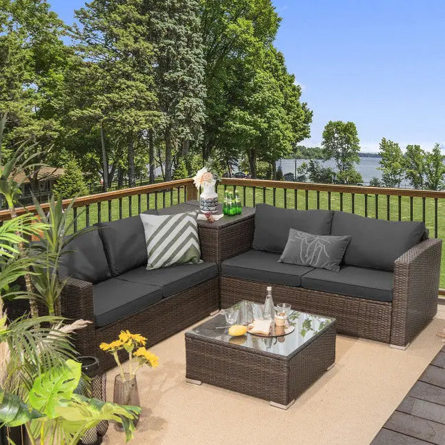 4 Pieces Patio Rattan Cushioned Furniture Set with Armrest and Storage Box-Brown - Brown - Outdoor Sectionals