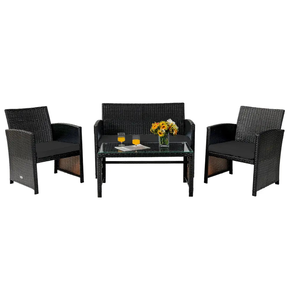 4 Pieces Patio Rattan Cushioned Furniture Set with Coffee Table-Black - Black - Patio Furniture Sets