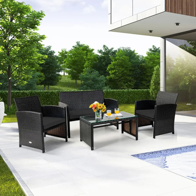 4 Pieces Patio Rattan Cushioned Furniture Set with Coffee Table-Black - Black - Patio Furniture Sets