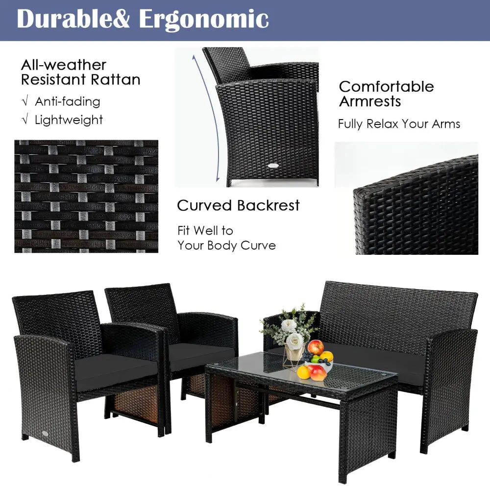 4 Pieces Patio Rattan Cushioned Furniture Set with Coffee Table-Black - Black - Patio Furniture Sets