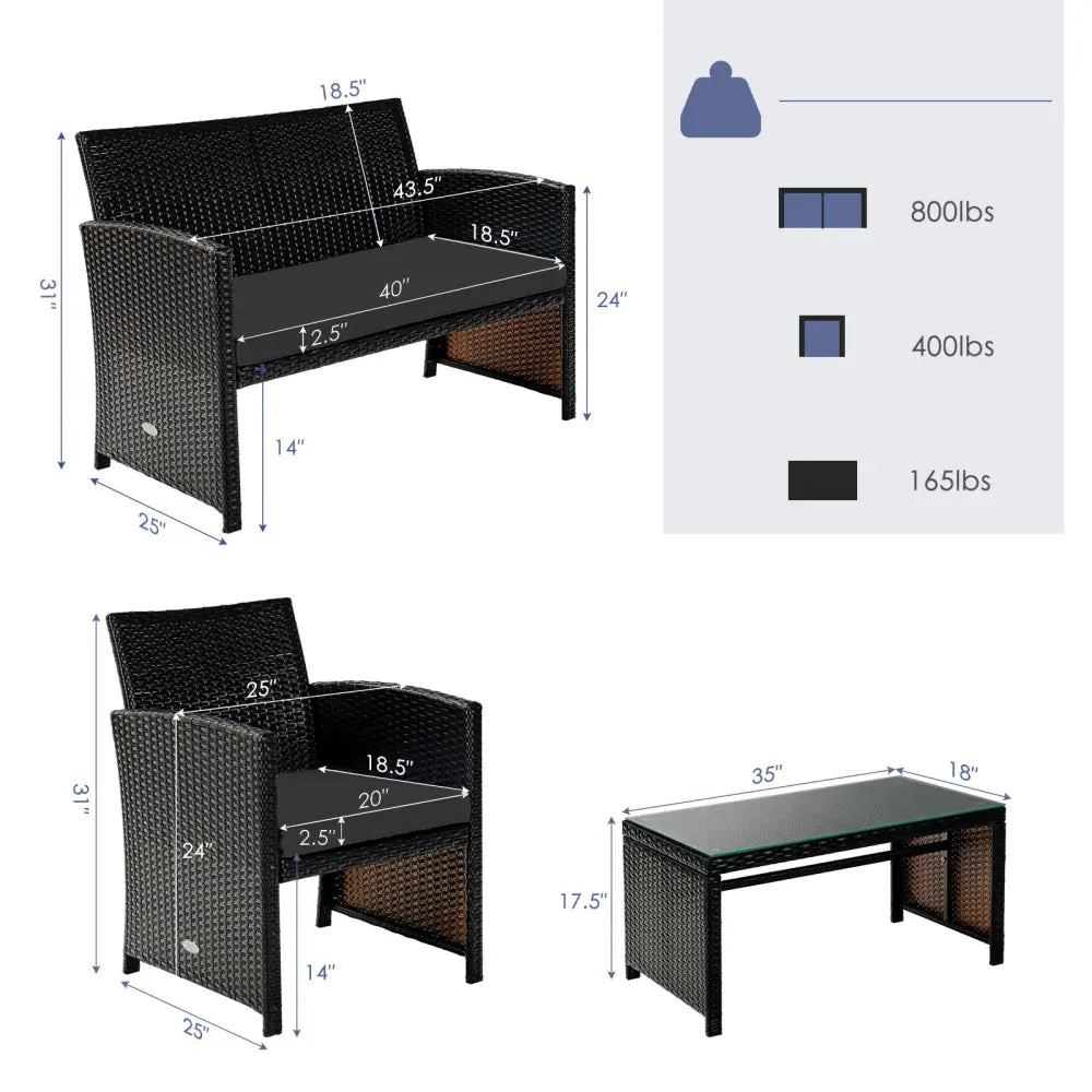 4 Pieces Patio Rattan Cushioned Furniture Set with Coffee Table-Black - Black - Patio Furniture Sets