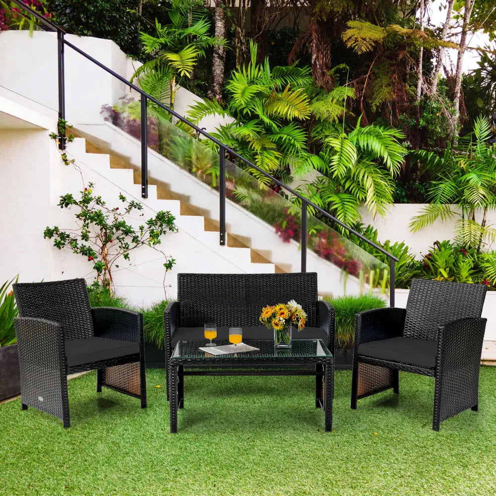 4 Pieces Patio Rattan Cushioned Furniture Set with Coffee Table-Black - Black - Patio Furniture Sets