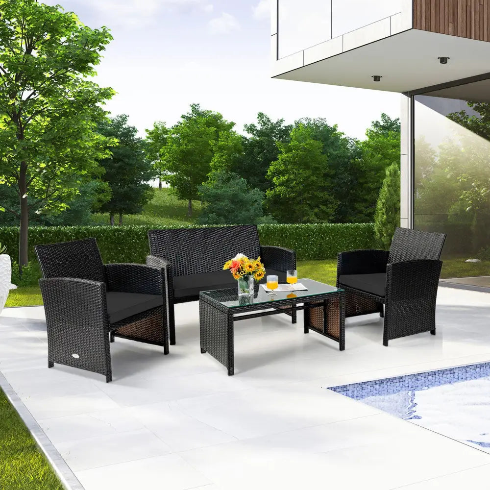 4 Pieces Patio Rattan Cushioned Furniture Set with Coffee Table-Black - Black - Patio Furniture Sets