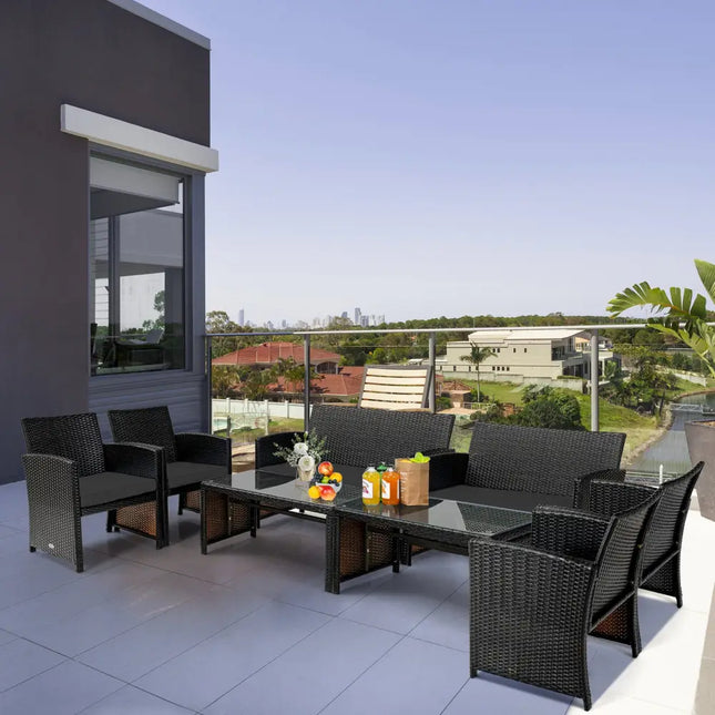 4 Pieces Patio Rattan Cushioned Furniture Set with Coffee Table-Black - Black - Patio Furniture Sets