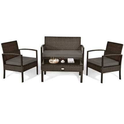 4 Pieces Patio Rattan Cushioned Furniture Set with Loveseat and Table Brown - Oasis Home Essentials