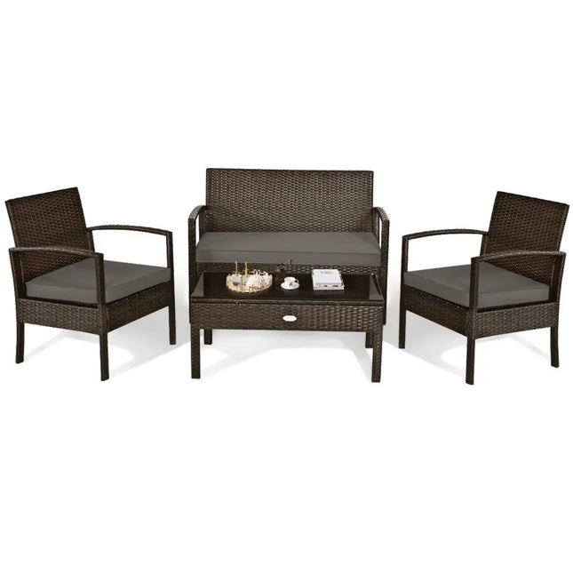 4 Pieces Patio Rattan Cushioned Furniture Set with Loveseat and Table Brown - Oasis Home Essentials