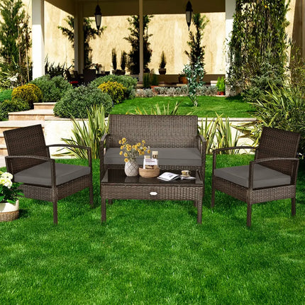 4 Pieces Patio Rattan Cushioned Furniture Set with Loveseat and Table -Brown - Brown - Patio Conversation Sets