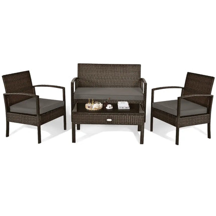 4 Pieces Patio Rattan Cushioned Furniture Set with Loveseat and Table -Brown - Brown - Patio Conversation Sets
