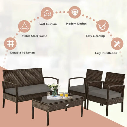 4 Pieces Patio Rattan Cushioned Furniture Set with Loveseat and Table -Brown - Brown - Patio Conversation Sets