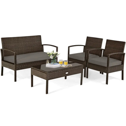 4 Pieces Patio Rattan Cushioned Furniture Set with Loveseat and Table -Brown - Brown - Patio Conversation Sets