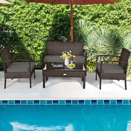4 Pieces Patio Rattan Cushioned Furniture Set with Loveseat and Table -Brown - Brown - Patio Conversation Sets