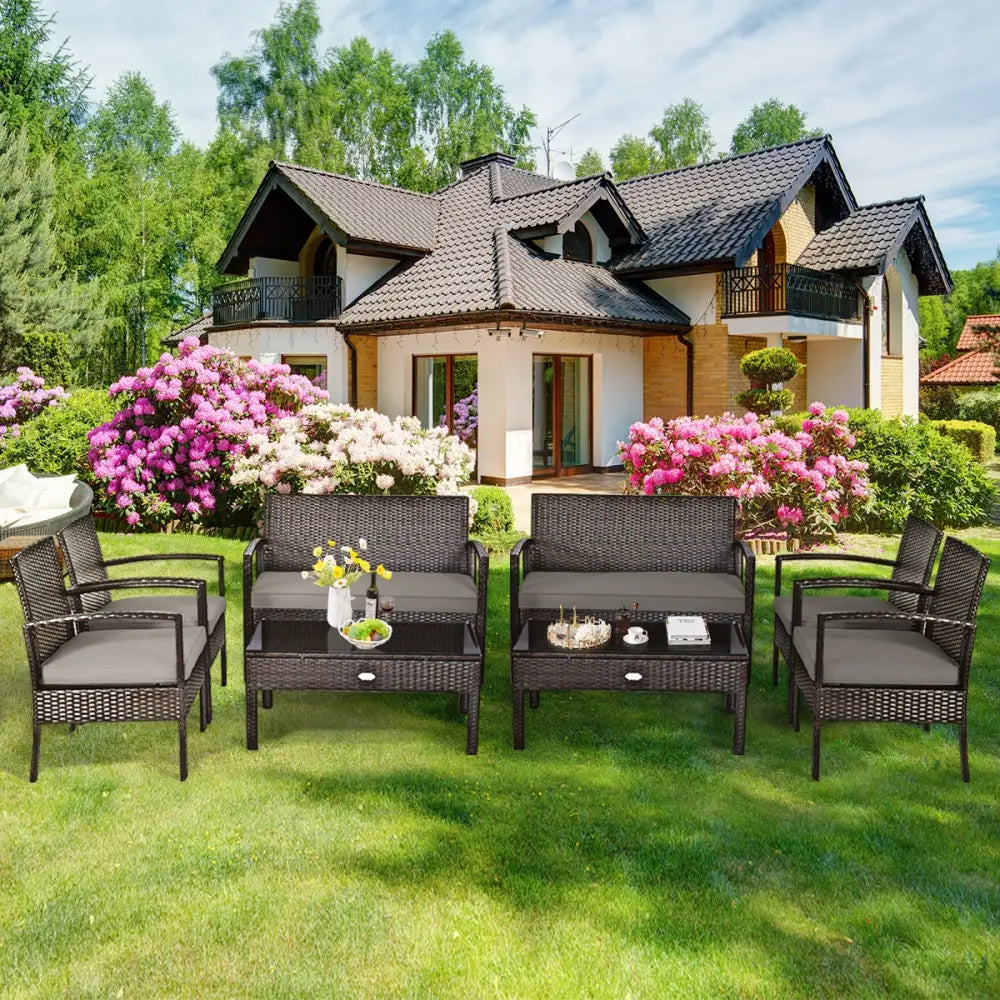 4 Pieces Patio Rattan Cushioned Furniture Set with Loveseat and Table -Brown - Brown - Patio Conversation Sets