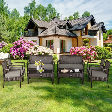 4 Pieces Patio Rattan Cushioned Furniture Set with Loveseat and Table -Brown - Brown - Patio Conversation Sets