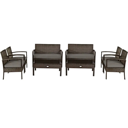 4 Pieces Patio Rattan Cushioned Furniture Set with Loveseat and Table -Brown - Brown - Patio Conversation Sets