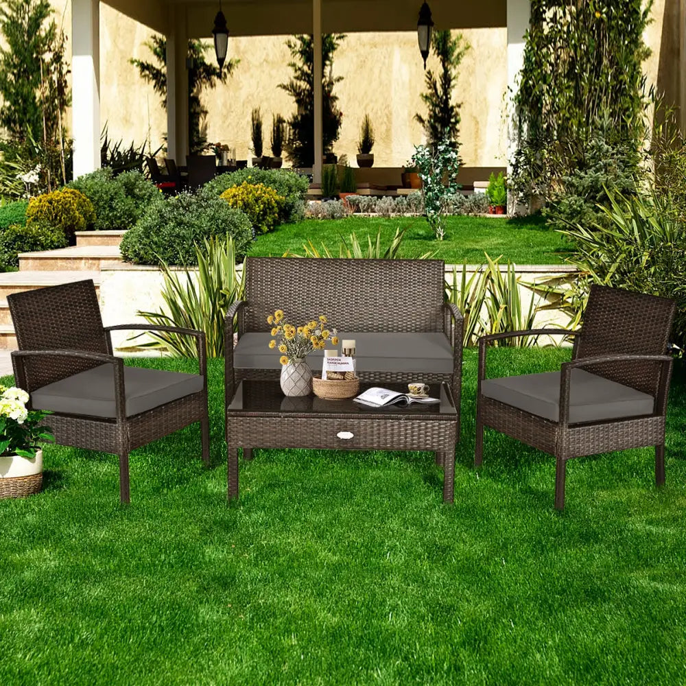 4 Pieces Patio Rattan Cushioned Furniture Set with Loveseat and Table -Brown - Brown - Patio Conversation Sets