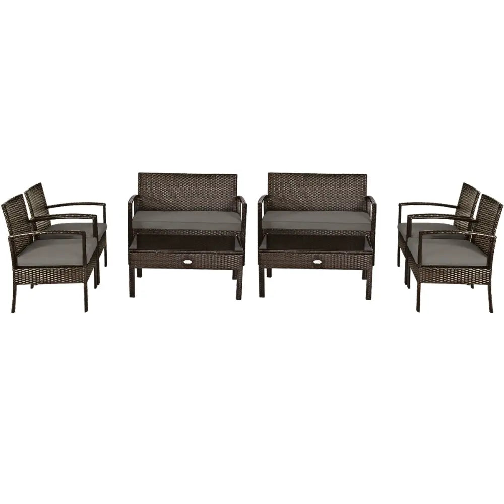 4 Pieces Patio Rattan Cushioned Furniture Set with Loveseat and Table -Brown - Brown - Patio Conversation Sets