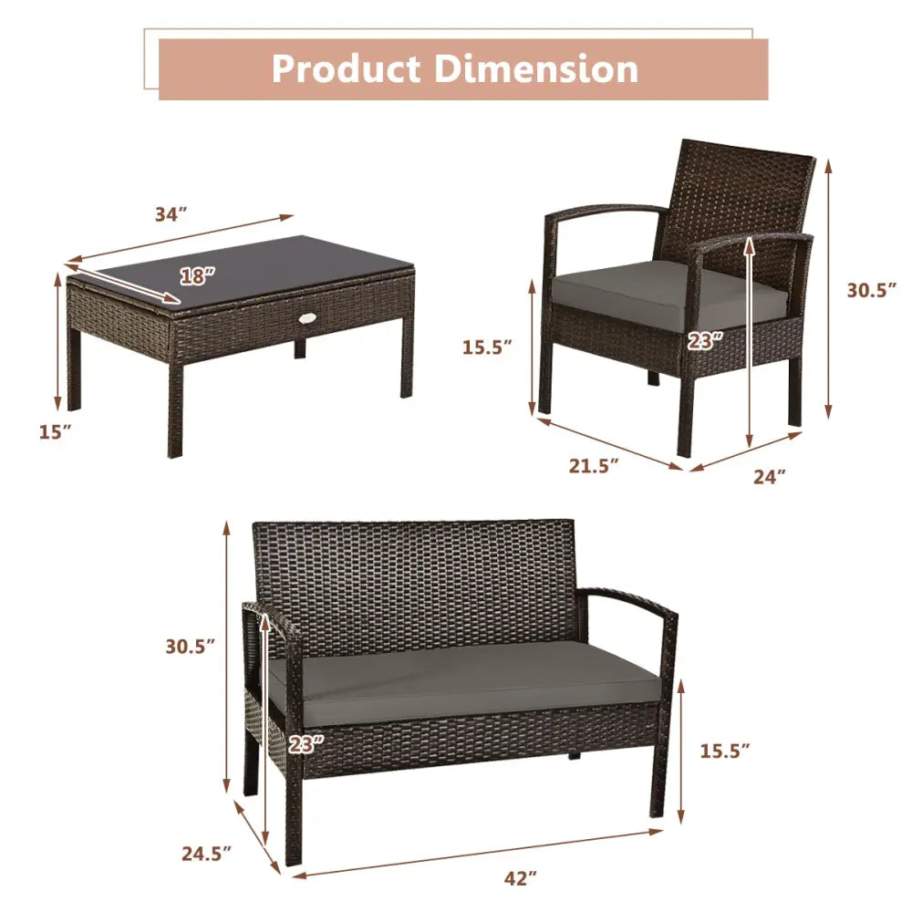 4 Pieces Patio Rattan Cushioned Furniture Set with Loveseat and Table -Brown - Brown - Patio Conversation Sets