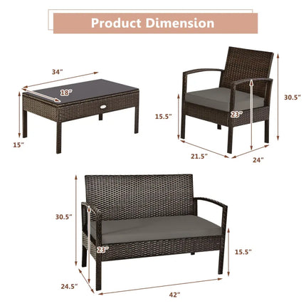 4 Pieces Patio Rattan Cushioned Furniture Set with Loveseat and Table -Brown - Brown - Patio Conversation Sets