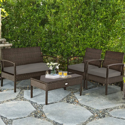4 Pieces Patio Rattan Cushioned Furniture Set with Loveseat and Table -Brown - Brown - Patio Conversation Sets