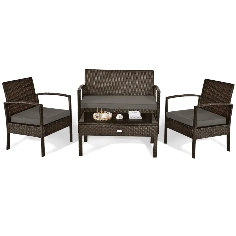 4 Pieces Patio Rattan Cushioned Furniture Set with Loveseat and Table -Brown - Brown - Patio Conversation Sets