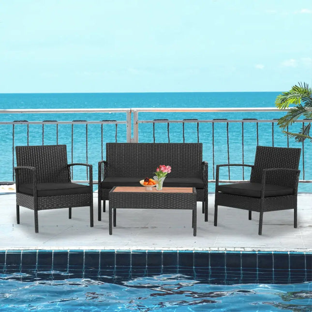 4 Pieces Patio Rattan Cushioned Furniture Set with Wooden Tabletop - Black - Patio Conversation Sets