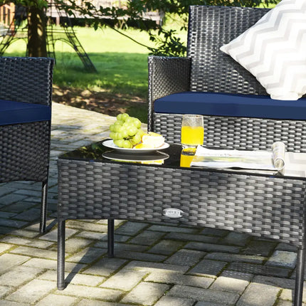4 Pieces Patio Rattan Cushioned Sofa Set with Tempered Glass Coffee Table-Navy and off White - Navy & Off White - Patio