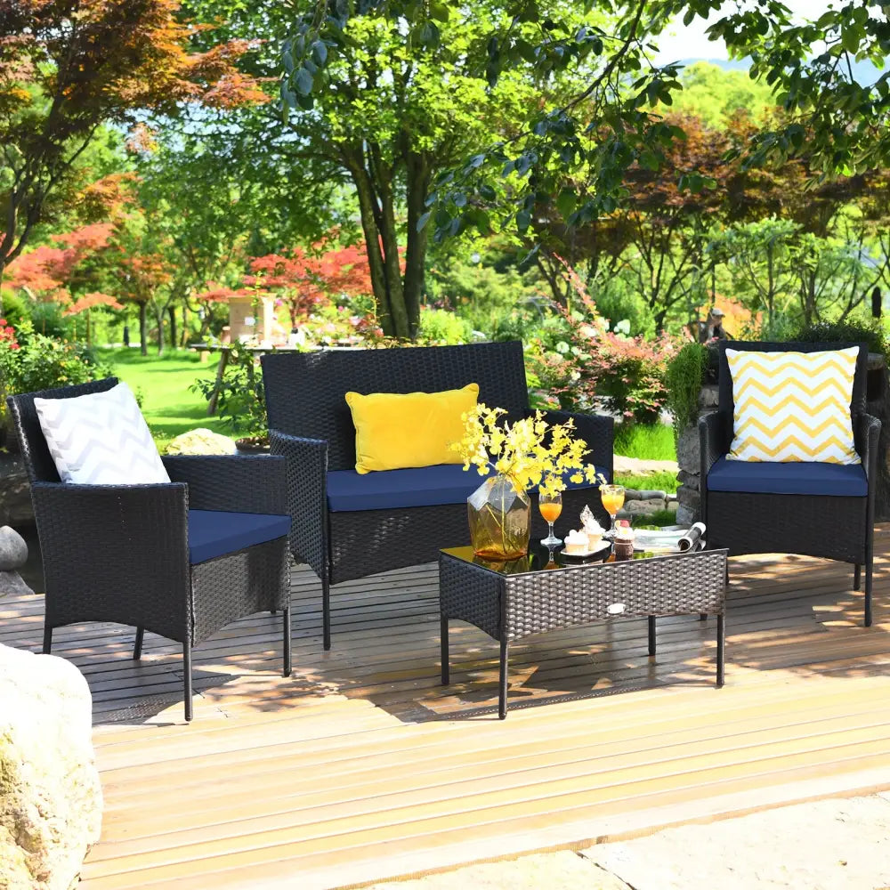 4 Pieces Patio Rattan Cushioned Sofa Set with Tempered Glass Coffee Table-Navy - Navy - Patio Conversation Sets