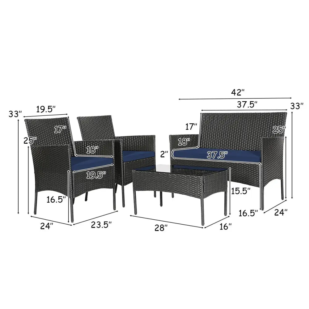 4 Pieces Patio Rattan Cushioned Sofa Set with Tempered Glass Coffee Table-Navy - Navy - Patio Conversation Sets