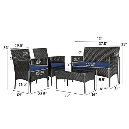 4 Pieces Patio Rattan Cushioned Sofa Set with Tempered Glass Coffee Table-Navy and off White - Navy & Off White - Patio