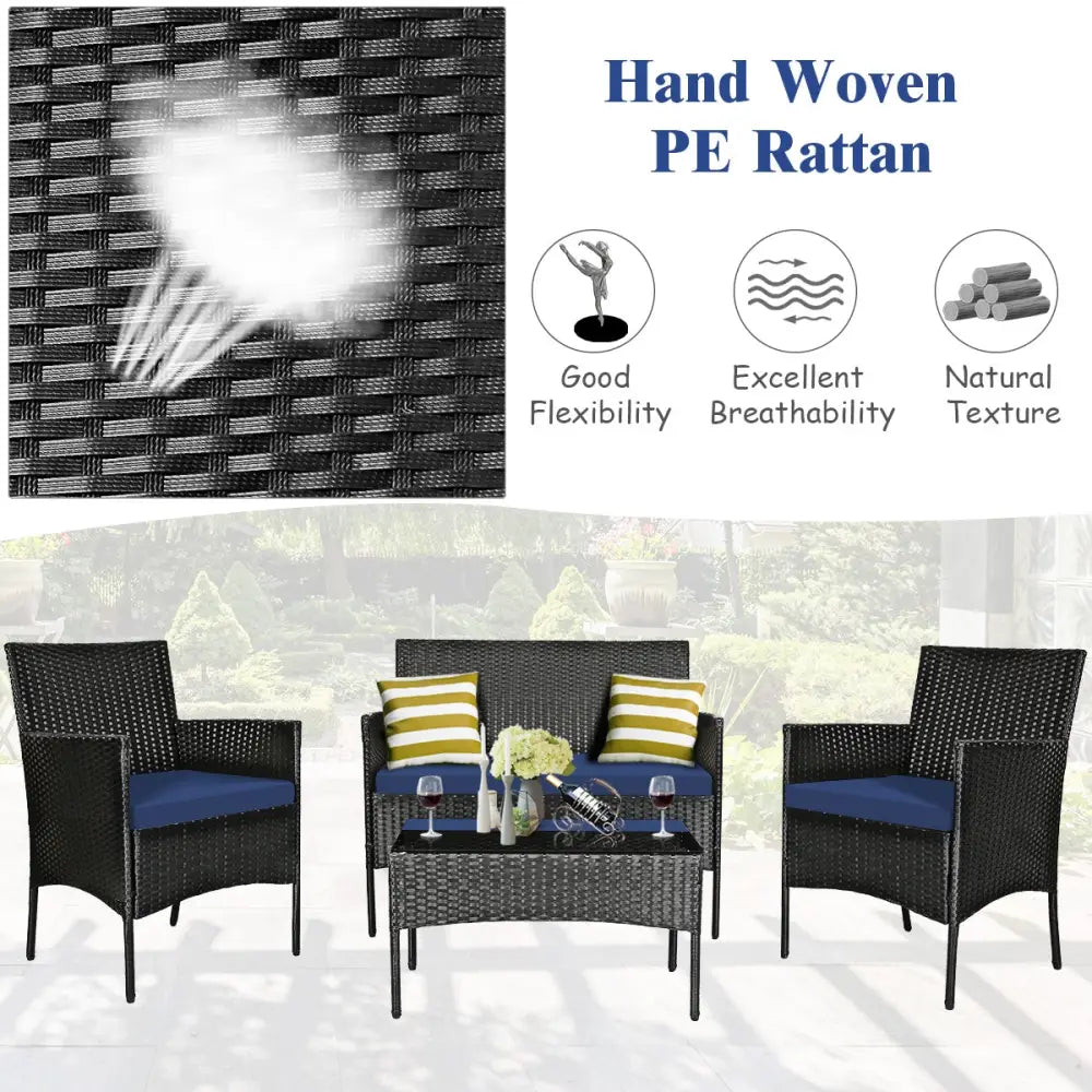 4 Pieces Patio Rattan Cushioned Sofa Set with Tempered Glass Coffee Table-Navy - Navy - Patio Conversation Sets