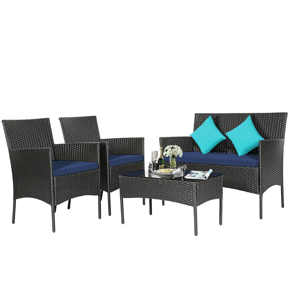 4 Pieces Patio Rattan Cushioned Sofa Set with Tempered Glass Coffee Table-Navy - Navy - Patio Conversation Sets