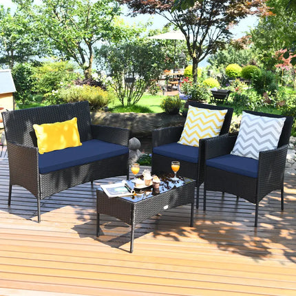 4 Pieces Patio Rattan Cushioned Sofa Set with Tempered Glass Coffee Table-Navy and off White - Navy & Off White - Patio