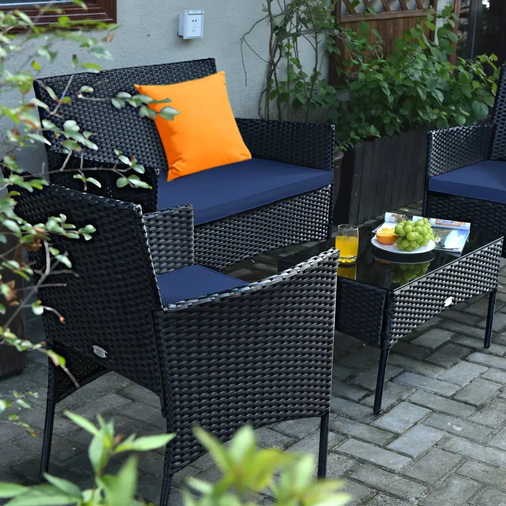 4 Pieces Patio Rattan Cushioned Sofa Set with Tempered Glass Coffee Table-Navy - Navy - Patio Conversation Sets