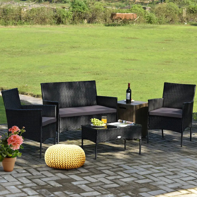 4 Pieces Patio Rattan Cushioned Sofa Set with Tempered Glass Coffee Table-Gray - Gray - Patio Conversation Sets