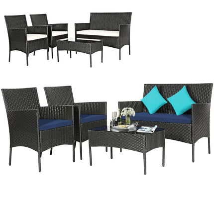 4 Pieces Patio Rattan Cushioned Sofa Set with Tempered Glass Coffee Table-Navy and off White - Navy & Off White - Patio
