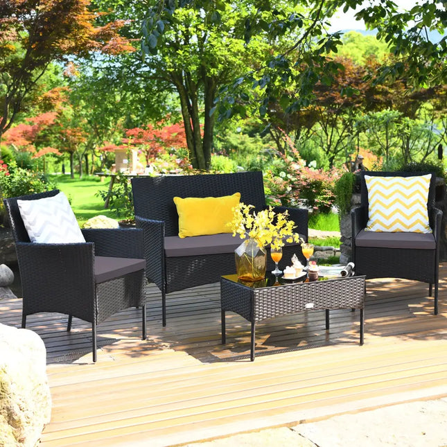 4 Pieces Patio Rattan Cushioned Sofa Set with Tempered Glass Coffee Table-Gray - Gray - Patio Conversation Sets