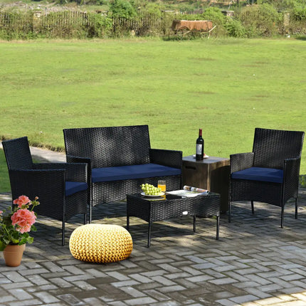4 Pieces Patio Rattan Cushioned Sofa Set with Tempered Glass Coffee Table-Navy and off White - Navy & Off White - Patio