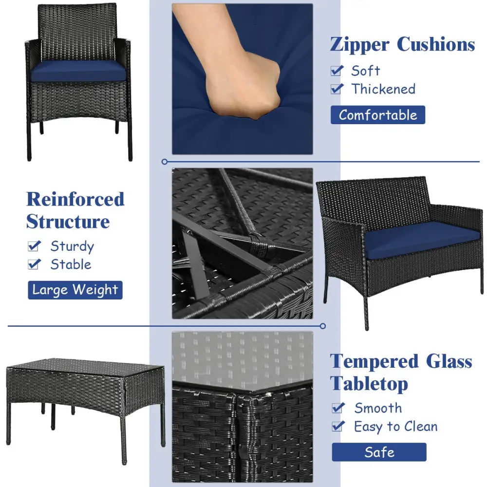 4 Pieces Patio Rattan Cushioned Sofa Set with Tempered Glass Coffee Table-Navy - Navy - Patio Conversation Sets