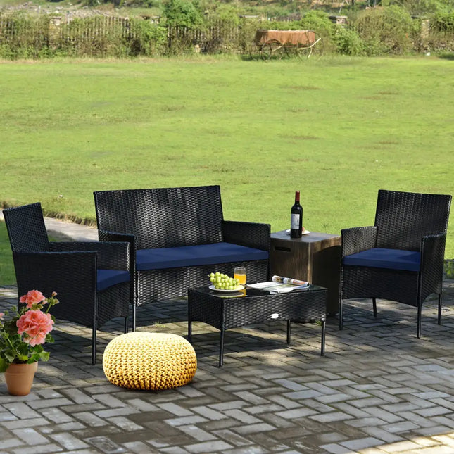 4 Pieces Patio Rattan Cushioned Sofa Set with Tempered Glass Coffee Table-Navy - Navy - Patio Conversation Sets