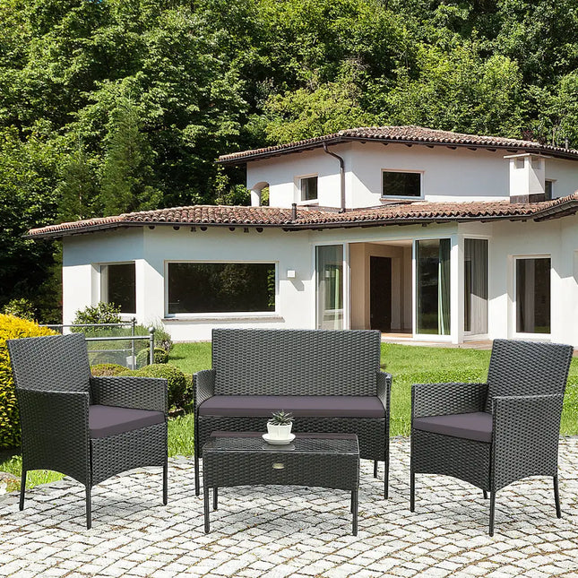 4 Pieces Patio Rattan Cushioned Sofa Set with Tempered Glass Coffee Table-Gray & Off White - Gray & Off White - Patio