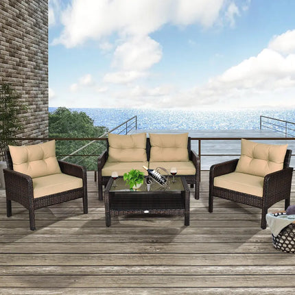 4 Pieces Patio Rattan Free Combination Sofa Set with Cushion and Coffee Table - Beige - Patio Furniture Sets