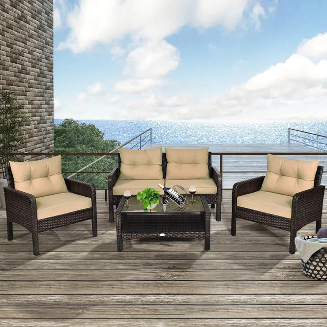 4 Pieces Patio Rattan Free Combination Sofa Set with Cushion and Coffee Table - Beige - Patio Furniture Sets