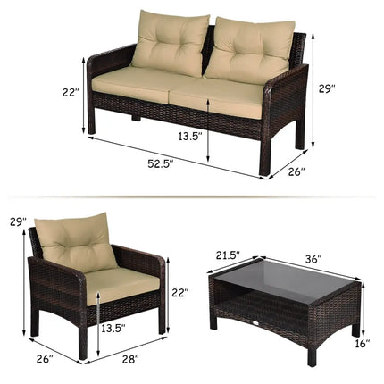 4 Pieces Patio Rattan Free Combination Sofa Set with Cushion and Coffee Table - Beige - Patio Furniture Sets