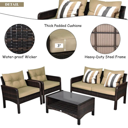 4 Pieces Patio Rattan Free Combination Sofa Set with Cushion and Coffee Table - Beige - Patio Furniture Sets