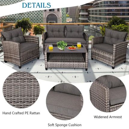 4 Pieces Patio Rattan Furniture Set Coffee Table Cushioned Sofa-Gray - Gray - Patio Conversation Sets