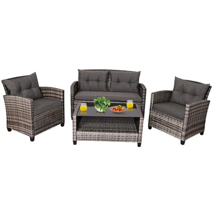 4 Pieces Patio Rattan Furniture Set Coffee Table Cushioned Sofa-Gray - Gray - Patio Conversation Sets
