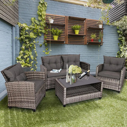 4 Pieces Patio Rattan Furniture Set Coffee Table Cushioned Sofa-Gray - Gray - Patio Conversation Sets