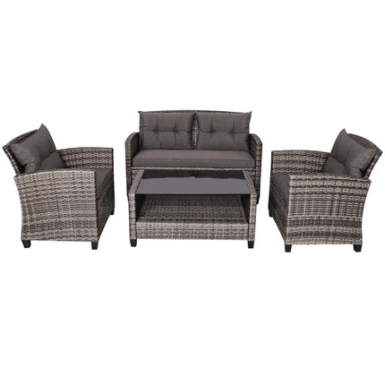 4 Pieces Patio Rattan Furniture Set Coffee Table Cushioned Sofa-Gray - Gray - Patio Conversation Sets
