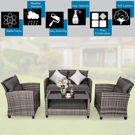 4 Pieces Patio Rattan Furniture Set Coffee Table Cushioned Sofa-Gray - Gray - Patio Conversation Sets