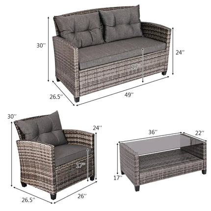 4 Pieces Patio Rattan Furniture Set Coffee Table Cushioned Sofa-Gray - Gray - Patio Conversation Sets